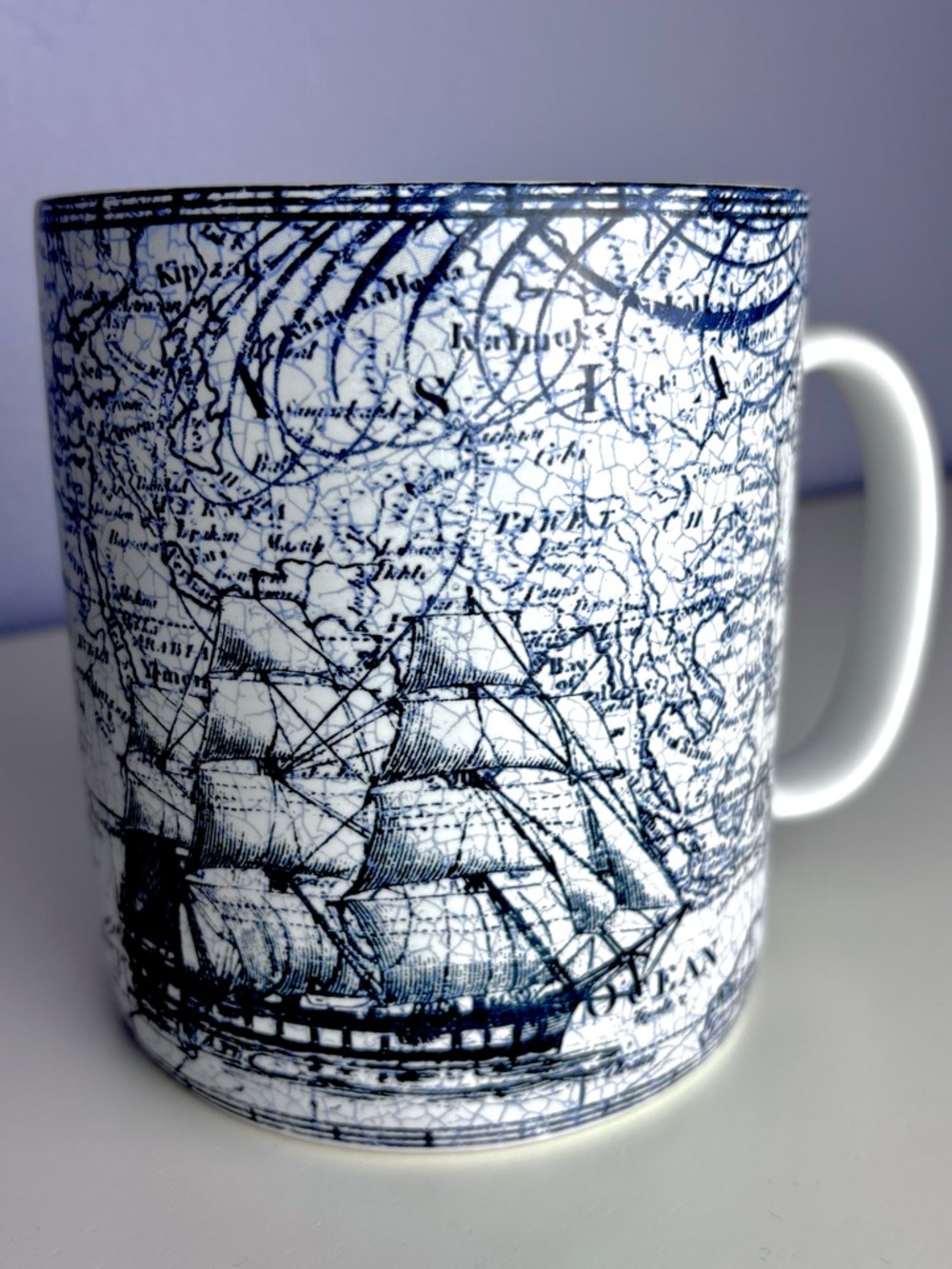 222 Fifth Due North Blue Nautical Map Ship XL Ceramic Mug in White and Navy Blue
